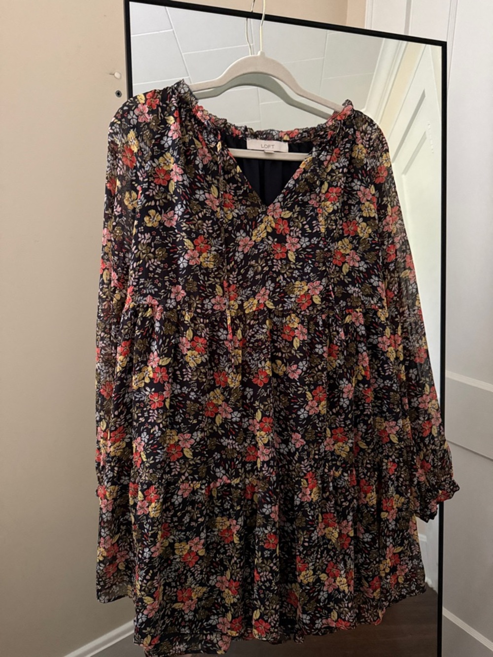 LOFT Black Floral V-Neck Tiered Dress with Pink and Yellow Blooms